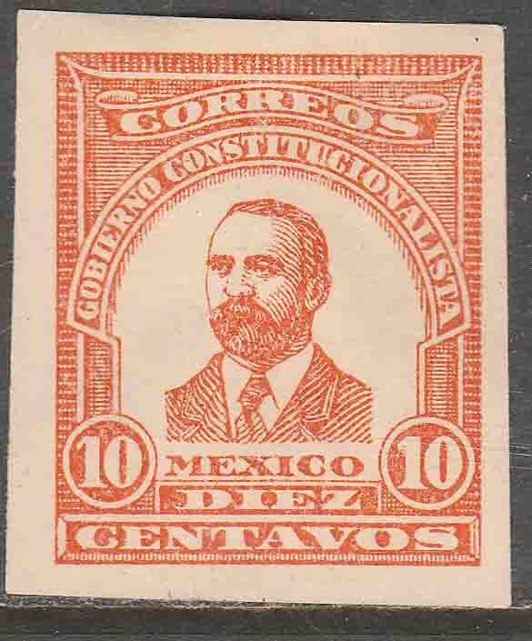 MEXICO 10¢ 1914 MADERO ESSAY, RED ORANGE IMPERF. NEVER ISSUED. H OG. VF..(1138)