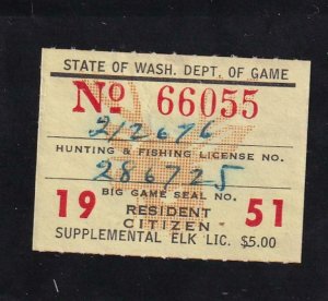 1951 WA State: Resident Supplement Elk Stamp, Wooten #9 (43600)