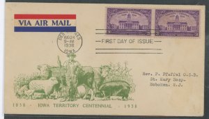 US 838 (1938) 3c Iowa Teritory Centennial (pair) on an addressed (typed) First Day Cover with a Bronesky cachet