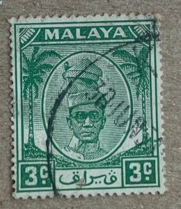 Malaya Perak 1951 3c yellowish green, used. Scott 107 unlisted shade. SG 130a