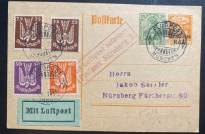 1922 Munich Germany Early Airmail Stationery Postcard Cover To Nuremberg