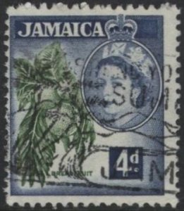 Jamaica 164 (used) 4p Elizabeth II, breadfruit, dk blue & ol grn (1956)