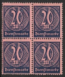 GERMANY 1922-23 20m Dark Blue on Rose OFFICIAL Block of 4 Sc O19 MNH