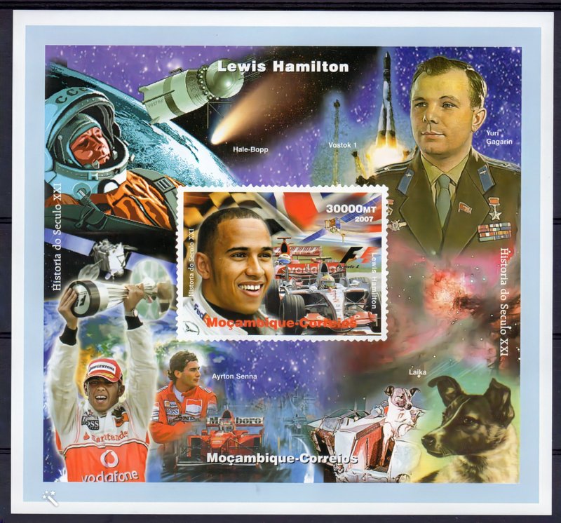 MOZAMBIQUE 2007 Yuri Gagarin-Laika/Formula 1 Hamilton History of XXI Century S/S