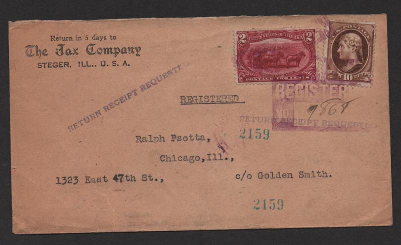 US 20th Century adv. cover Jax Company, Steger Ill. Registered late use of stamp