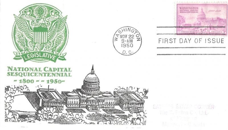 1950 FDC, #992, 3c National Capital 150th, designer unknown M-38