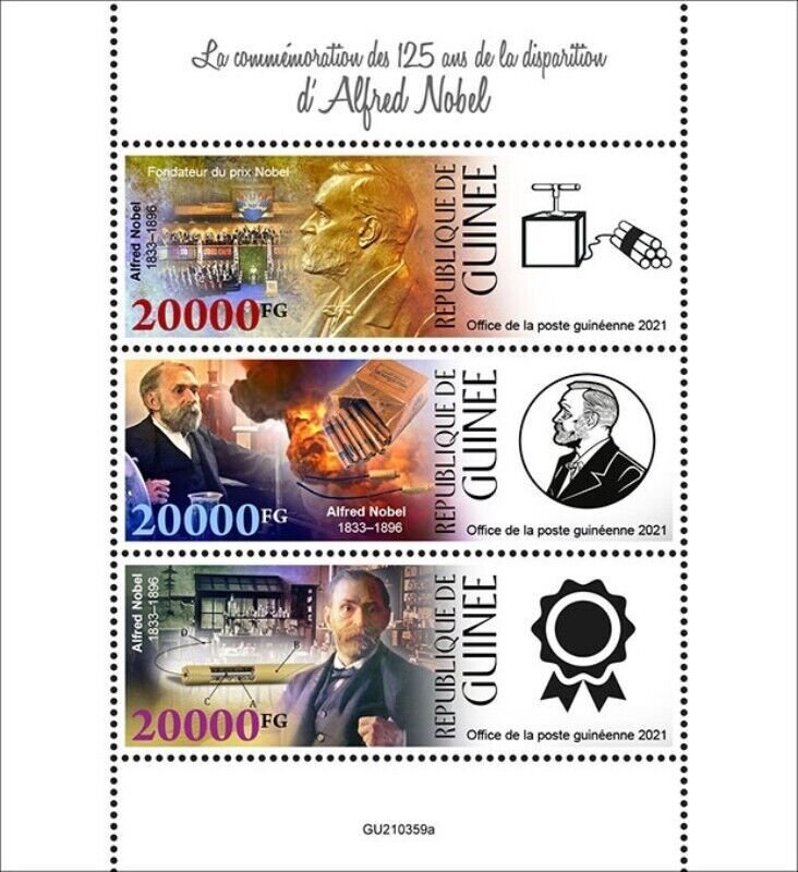 Guinea - 2021 Alfred Nobel Anniversary - 3 Stamp Sheet - GU210359a