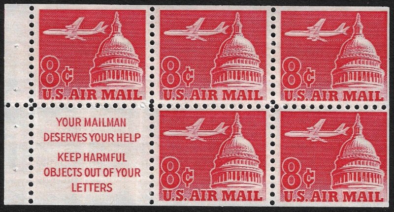 US C64b MNH Booklet Pane of 5 - 8¢ air mail stamps. SLOGAN 1.  FREE SHIPPING!!
