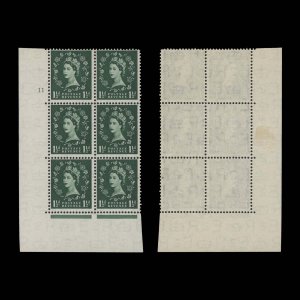 Great Britain 1952 (MLH) 1½d Green cylinder 11 block, E/I, Tudor crown ✔️
