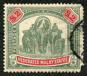 Malay States SG24 Two Dollar Green and Carmine Wmk Crown CC SPACE FILLER