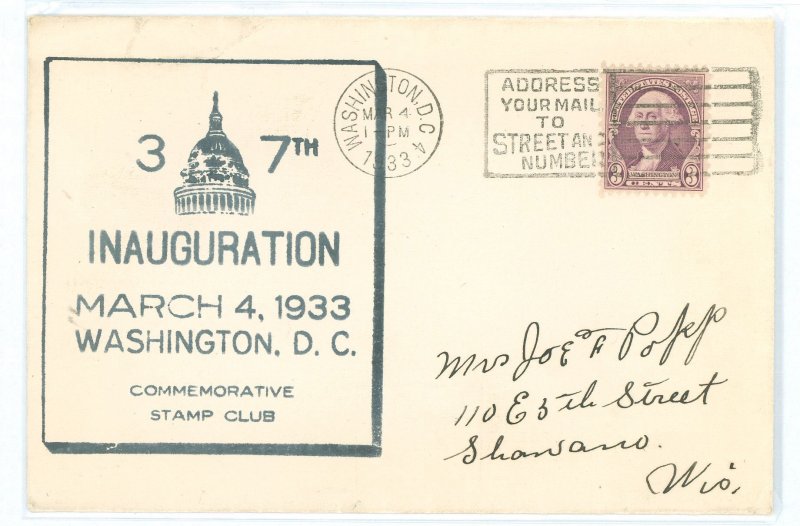 US 720 1933 3c Washington definitive franking this Franklin D Roosevelt first inauguration cover with a March 4, 1933 Washington