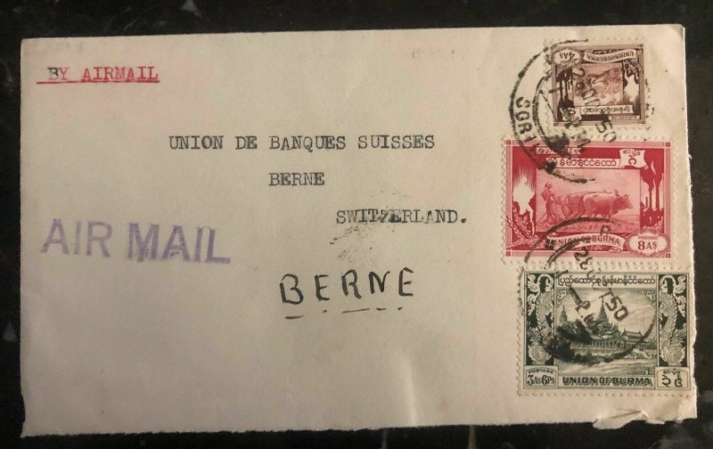 1950 Rangoon Burma Airmail Cover To Union Bank Been Switzerland