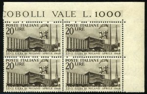 Italy #509 (Sass. 598) Cat€50, 1949 20L Milano Fair, top right corner margi...