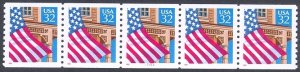 2913 32c Flag Over Porch, Coil Plate #22222 Strip of 5 WA, Mint NH OG  VF