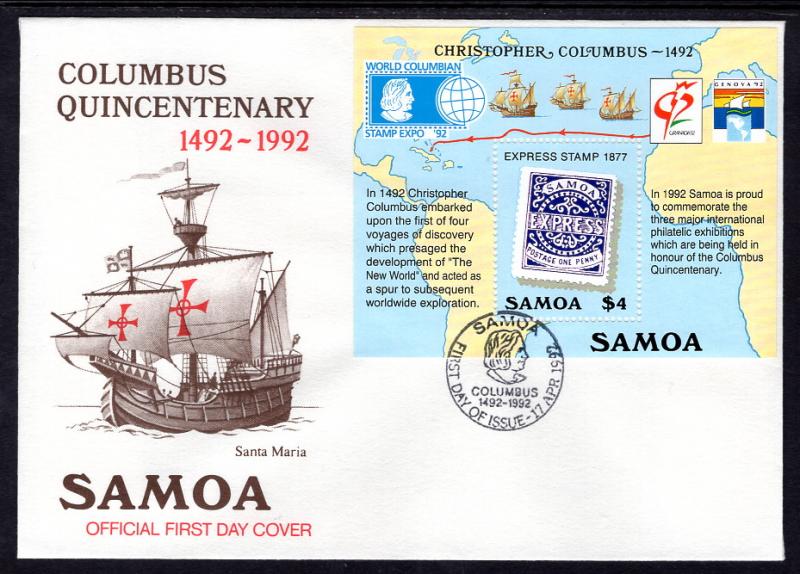 Samoa 810 Columbus Souvenir Sheet U/A FDC