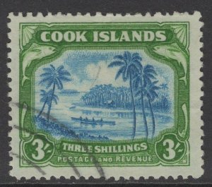 COOK ISLANDS SG145(CW17a) 1945 3/= GREENISH BLUE & GREEN CENTRE DOUBLED F.USED