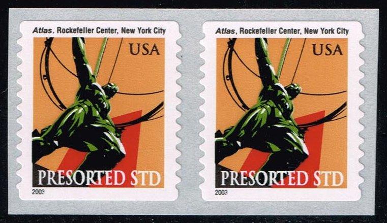 US #3770 Atlas Statue at Rockefeller Center-MNH pair (0.50)