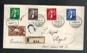 1939 Basel Switzerland Registered airmail cover to Prague Bohemia # 264-267 B95