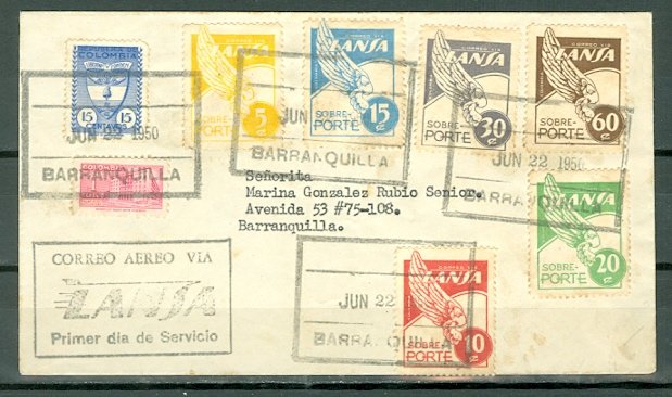 COLOMBIA 1950 LANSA FIRST DAY of SERVICE COVER..VERY NICE