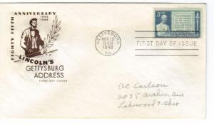 US 978 (Me-5) 3c Gettysburg Address on FDC Farnam Cachet ECV $10.00