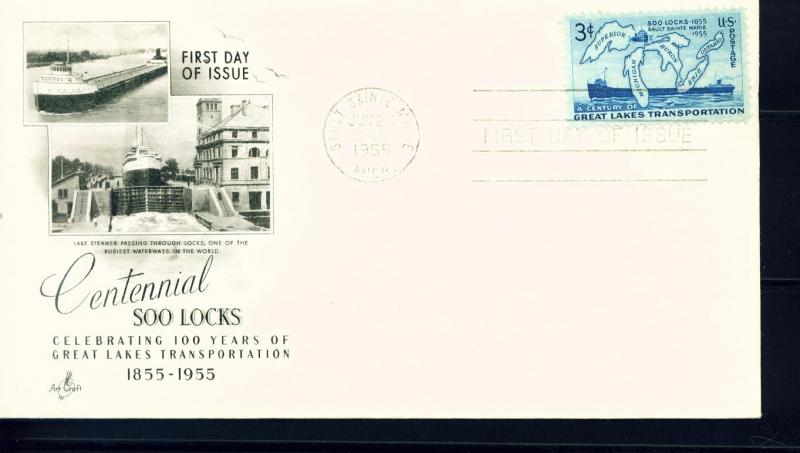 US Sc# 1069 FDC Soo Locks Great Lakes Ship Map Art Craft