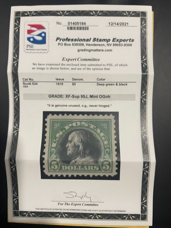 US stamp scott# 524 $5 Franklin mint OG NH MNH PSE cert Grade XF-Superb 95J 1250