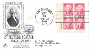 1954 FDC, #1033, 2c Thomas Jefferson, Art Craft, plate block of 4