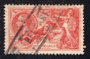 Great Britain 1934 5sh carmine Seahorse, Scott 223 used, value = $60.00