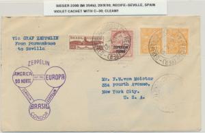 BRAZIL TO USA 1933 GRAF ZEPPELIN COVER, VIOLET CACHET Si#239B Mi#354b