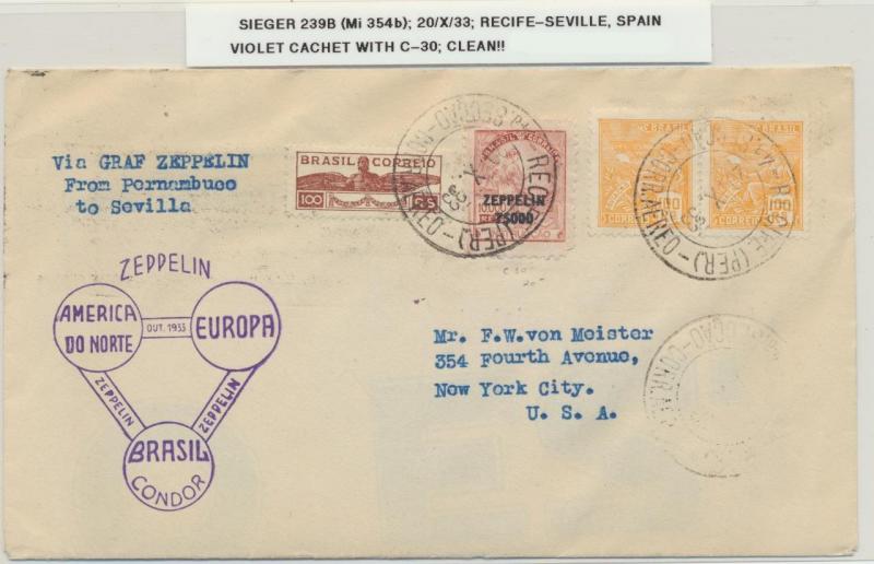 BRAZIL TO USA 1933 GRAF ZEPPELIN COVER, VIOLET CACHET Si#239B Mi#354b