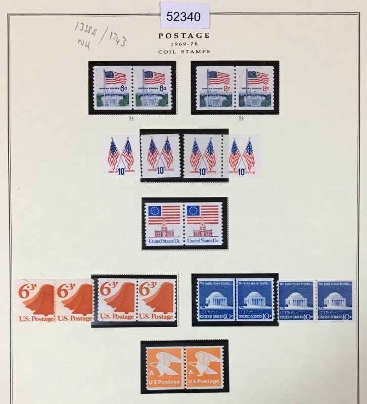 US STAMPS # 1338A/1343 1969-1978 COILS MINT OG NH LOT #52340