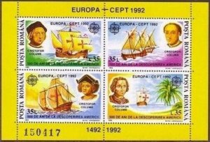 Romania 3742 ad sheet,MNH.Michel Bl.271. EUROPE CEPT-1992.Columbus-500,ships.