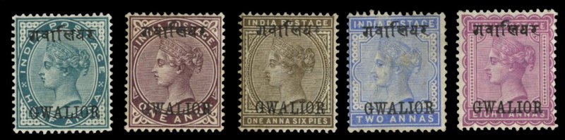 Indian States - Gwalior #1-5 (SG 4-9) Cat£830, 1885 1/2a-8a, five values, hi...
