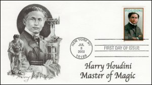 AO-3651, 2002, Harry Houdini, First Day Cover, Add-on Cachet, Magic, SC 3651