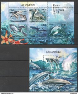 2011 Comoros Fauna Marine Life Dolphins Les Dauphins 1Kb+1Bl ** Uc220
