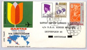 INDONESIA Air Mail Cover QANTAS FIRST FLIGHT Amsterdam Netherlands 1967 YE178