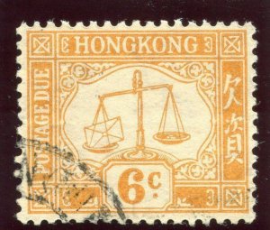 Hong Kong 1931 KGV Postage Due 6c yellow (wmk sideways) very fine used. SG D4a.