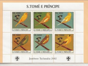 St. THOMAS & PRINCE ISL. Sc 1500 NH MINISHEET of 2003 - BIRDS - SCOUTS