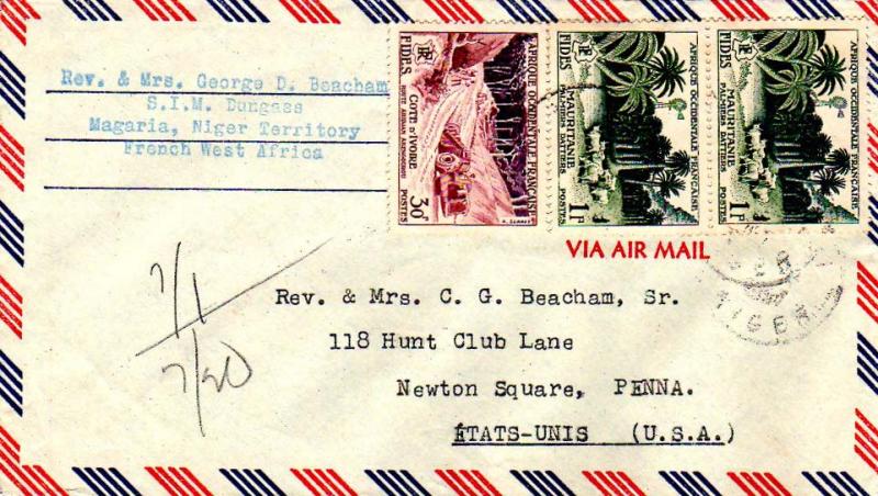 French West Africa 1F (2) and 30F FIDES c1957 [Magaria, Niger] Airmail to New...