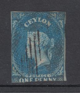 Ceylon Sc 3 used 1857 1p deep turquoise blue Queen Victoria, 2+ margins