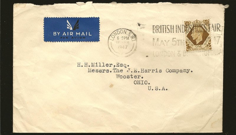 Great Britain 248 on Postmarked 1947 Airmail Cover Used