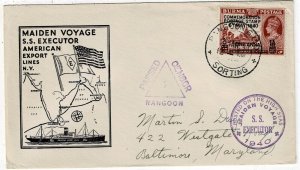 Burma 1940 Rangoon cancel on S.S. Executor maiden voyage cover to the U.S.