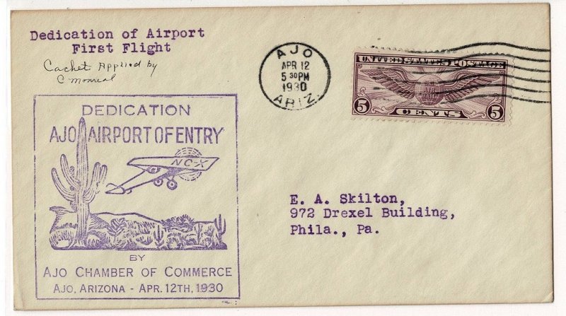 USA 1930 flight cover Ajo AZ airport dedication