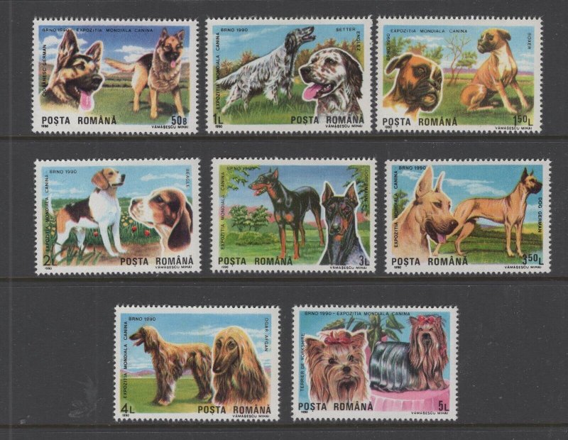 Romania #3610-17  (1990 Dogs set) VFMNH CV $4.30