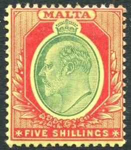 MALTA-1911 5/- Green & Red/Yellow Sg 63 LIGHTLY MOUNTED MINT V23456