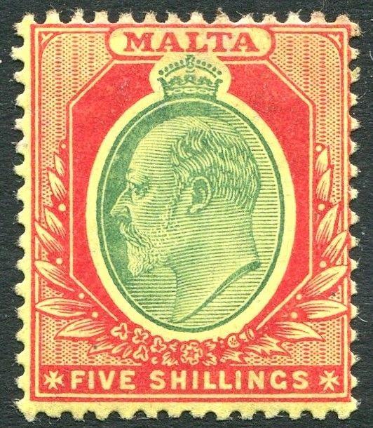 MALTA-1911 5/- Green & Red/Yellow Sg 63 LIGHTLY MOUNTED MINT V23456