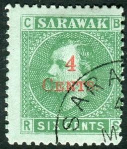 SARAWAK-1899 4c on 6c Green/Green.  A fine used example Sg 34