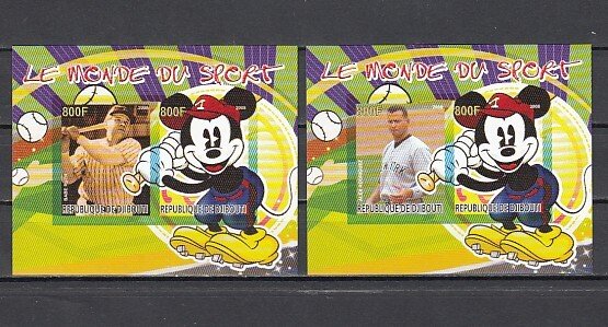 Djibouti, 2008 issue. Baseball & Disney on 2 IMPERF sheets of 2.