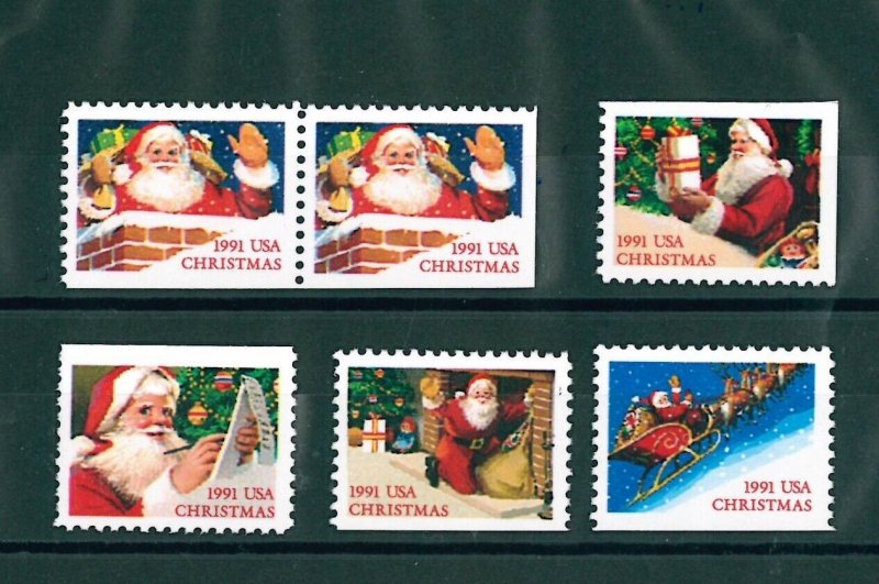 US Scott # 2580 - 2585, & 2581a / 1991 Christmas  Booklet Singles Set of 6 MNH