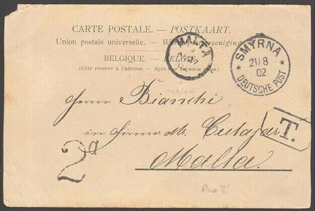 MALTA 1902 postcard ex German PO Smyrna - scarce 2d postage due mark........5401